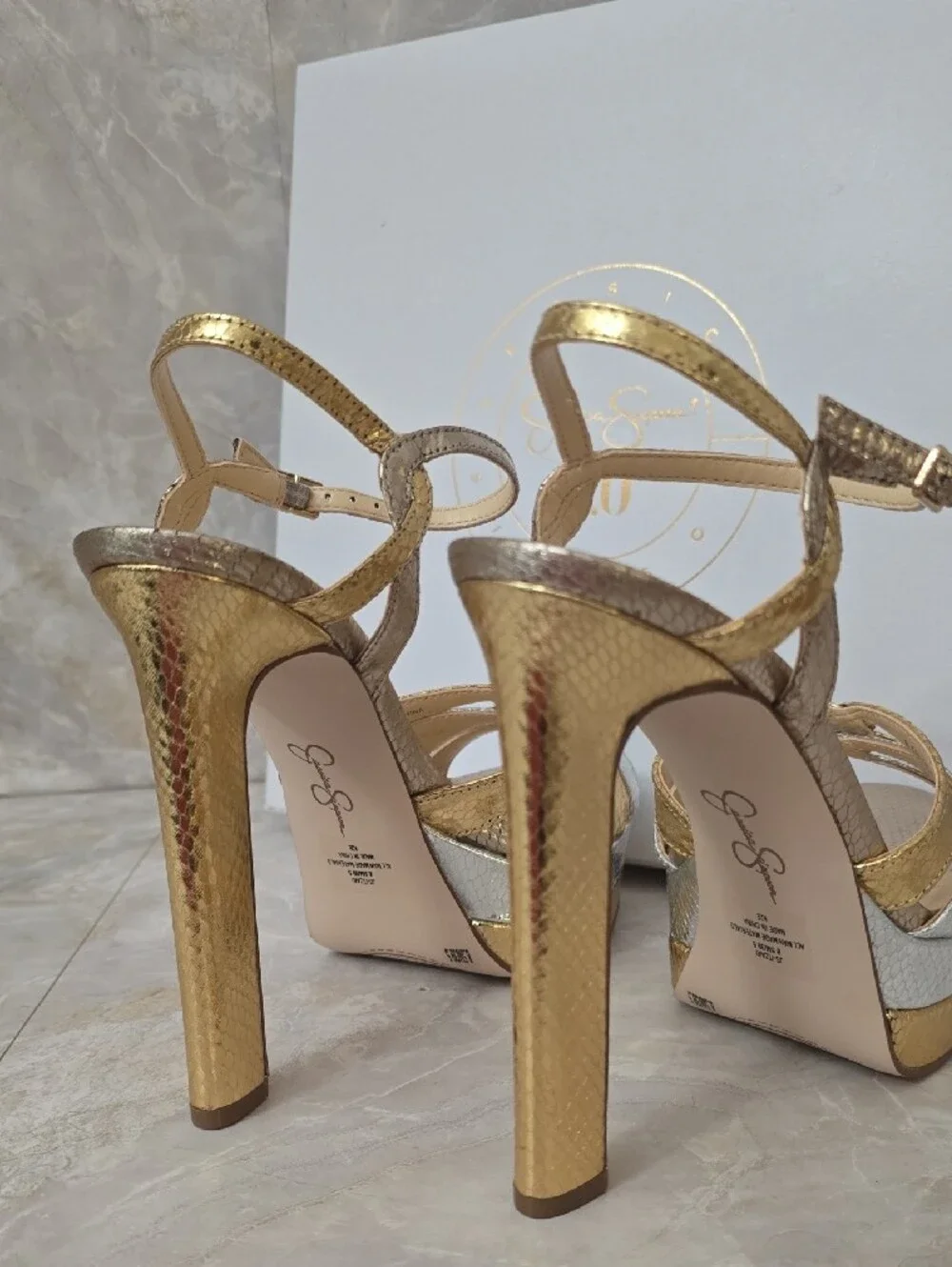 Jessica Simpson Itzari Metallic Gold Silver Double Platform Sandals Size 8.5 NIB